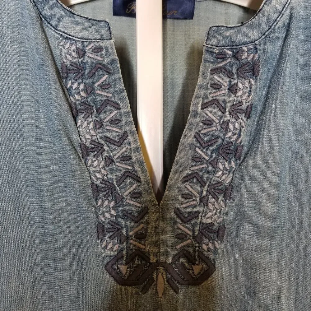 Blue Rain Embroidered Chambray Shirt Dress Small